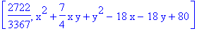 [2722/3367, x^2+7/4*x*y+y^2-18*x-18*y+80]
